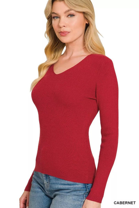 Zenana Viscose Fitted V-Neck Sweater - Bitsy Gypsy Boutique