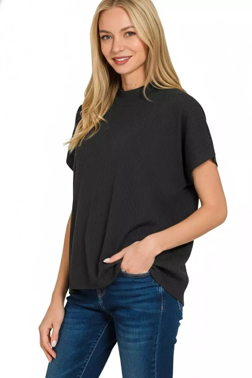 Zenana Viscose Mock Neck Short Sleeve Boxy Sweater by Trendsi