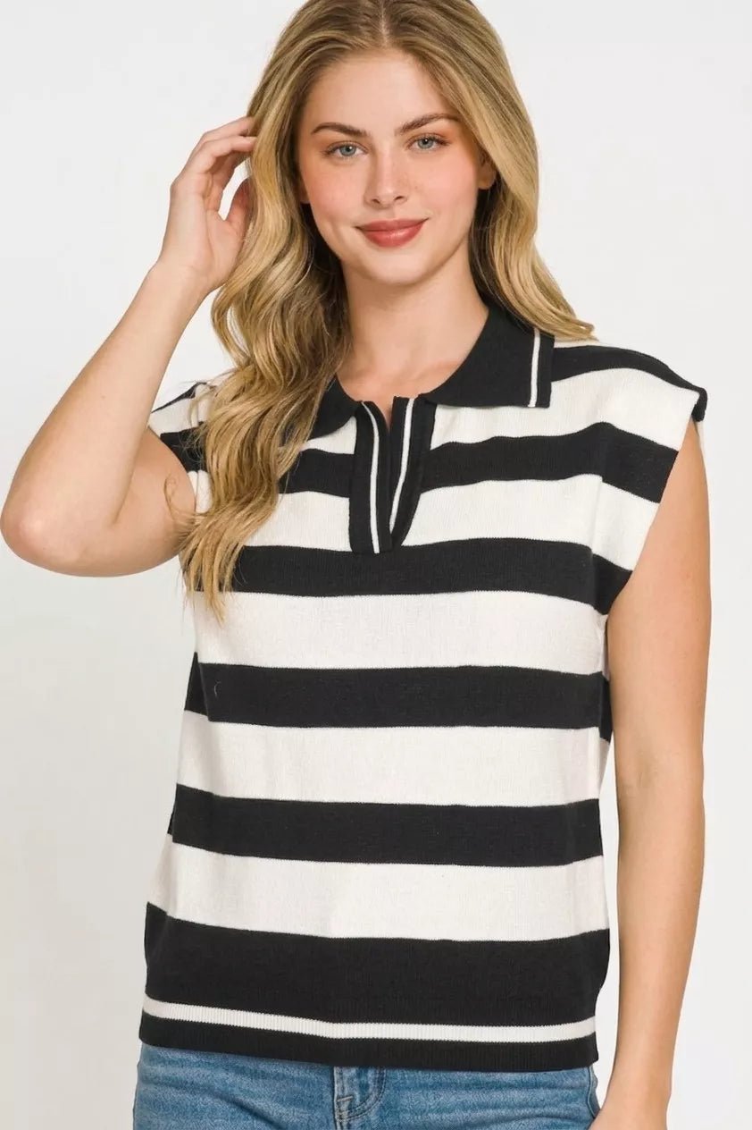 Zenana Viscose Striped Collared Sweater Vest - Bitsy Gypsy Boutique