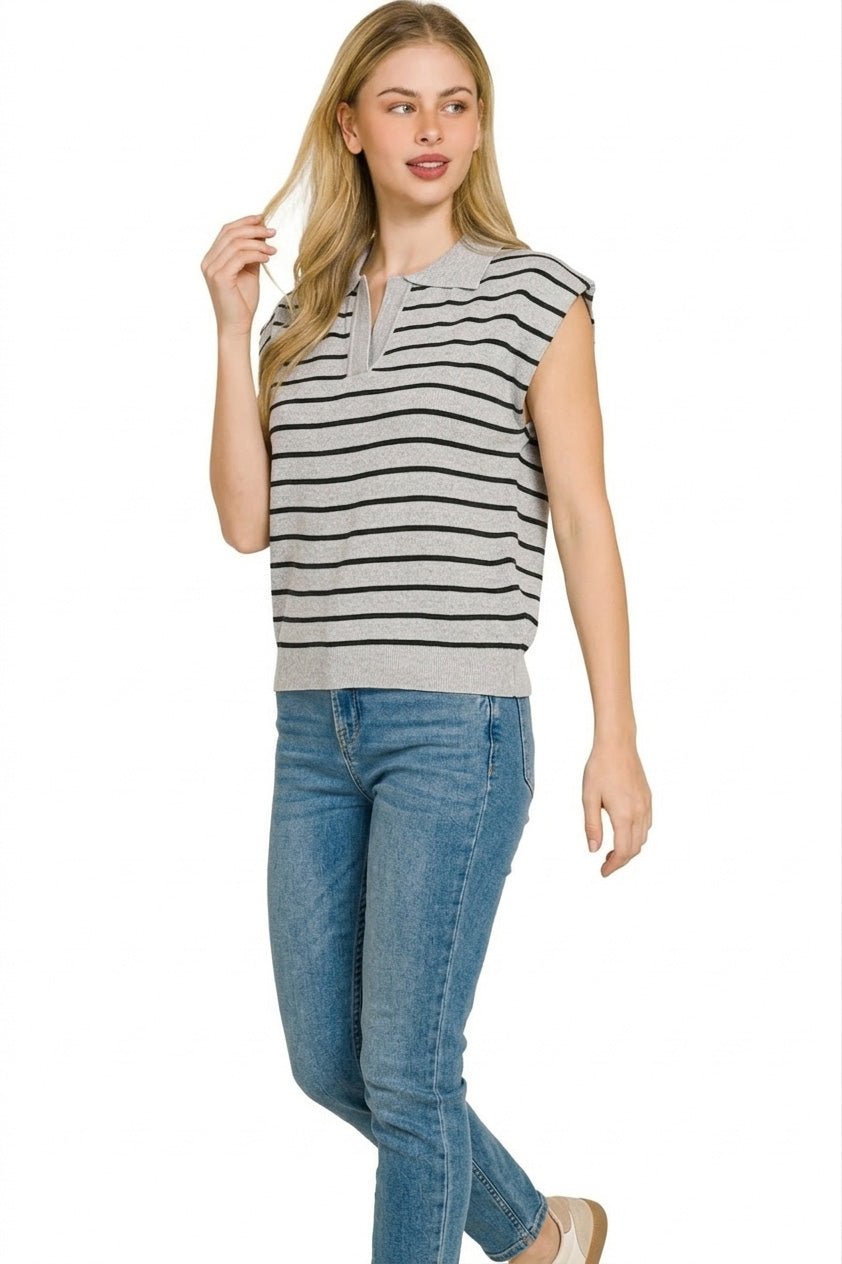 Zenana Viscose Striped Collared Sweater Vest - Bitsy Gypsy Boutique
