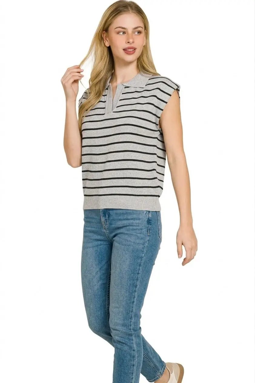 Zenana Viscose Striped Collared Sweater Vest by Trendsi