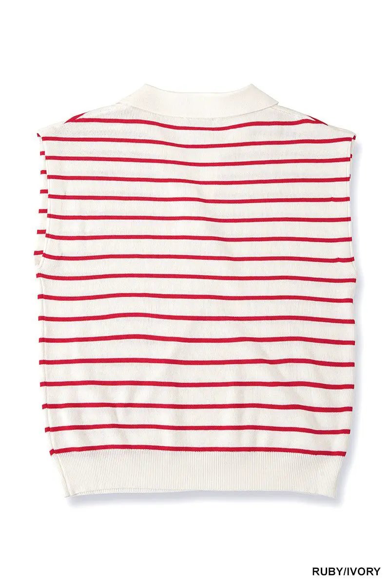Zenana Viscose Striped Collared Sweater Vest by Trendsi