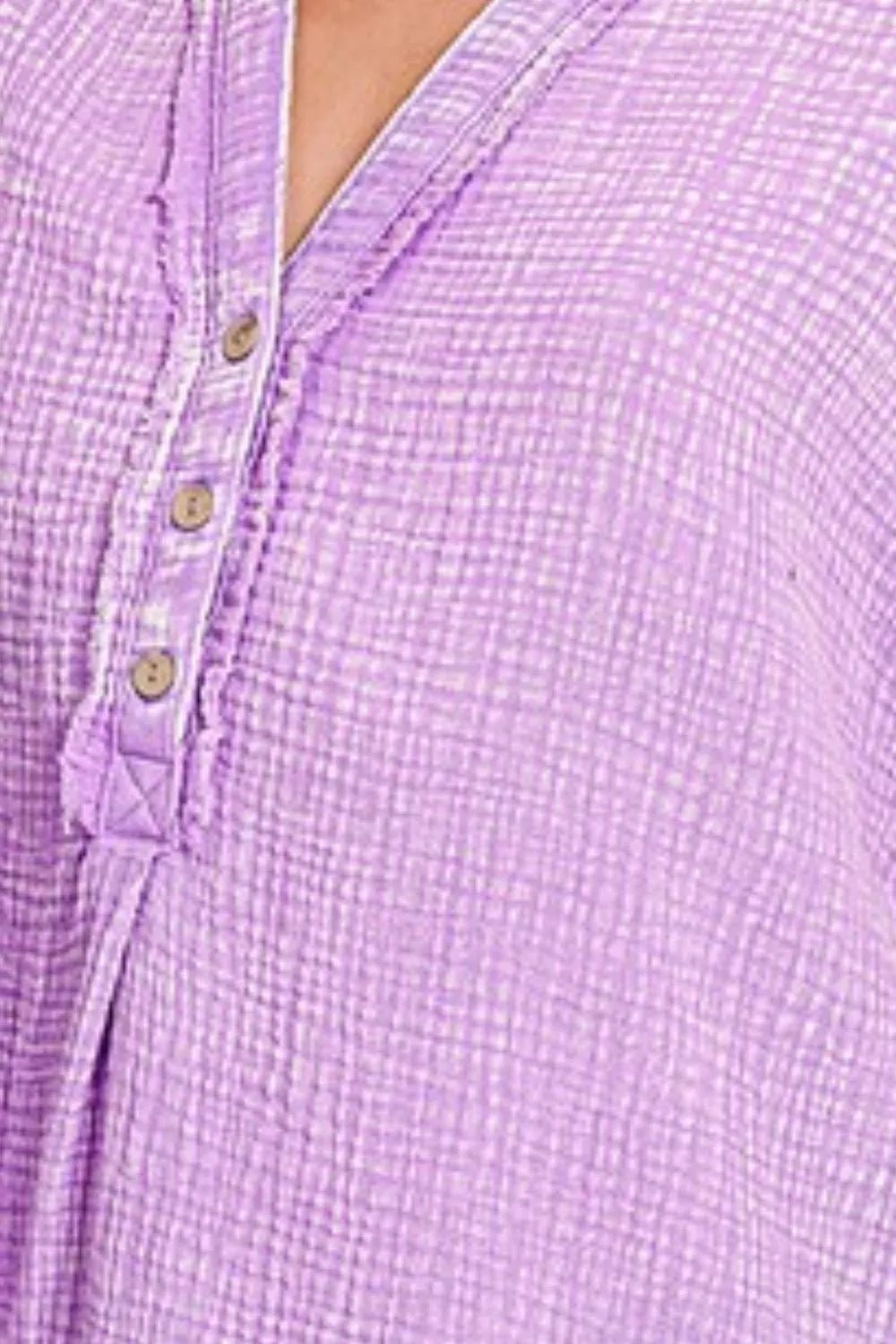 Zenana Washed Double Gauze 3/4 Button Henley Neck Shirt - Bitsy Gypsy Boutique