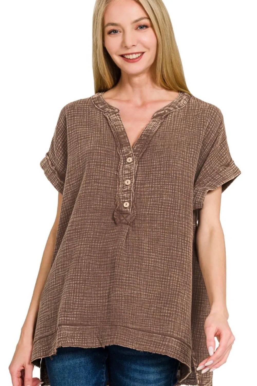 Zenana Washed Double Gauze 3/4 Button Henley Neck Shirt - Bitsy Gypsy Boutique