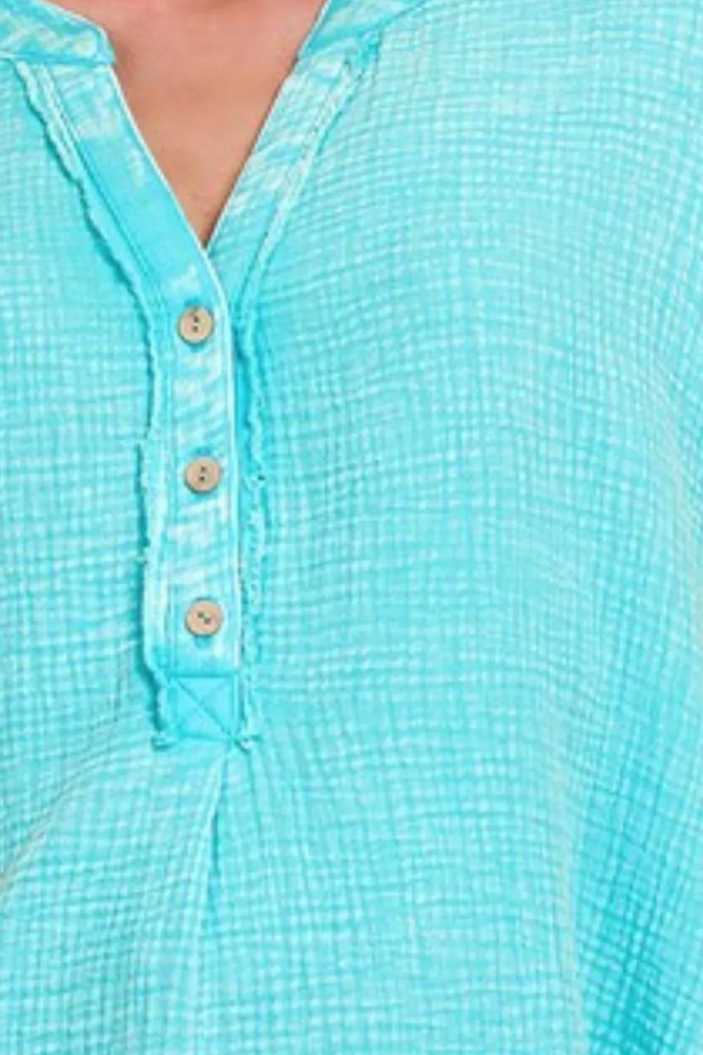 Zenana Washed Double Gauze 3/4 Button Henley Neck Shirt - Bitsy Gypsy Boutique
