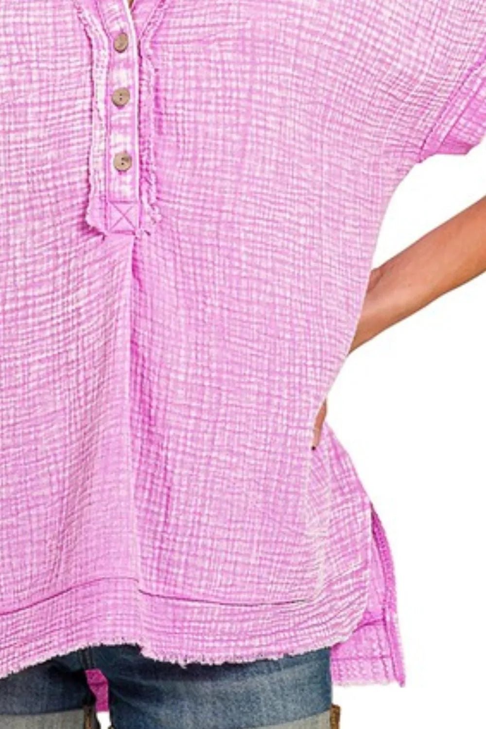 Zenana Washed Double Gauze 3/4 Button Henley Neck Shirt - Bitsy Gypsy Boutique