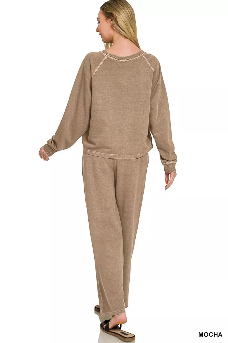 Zenana Washed F/terry Round Neck Pullover & Pants Set - Bitsy Gypsy Boutique