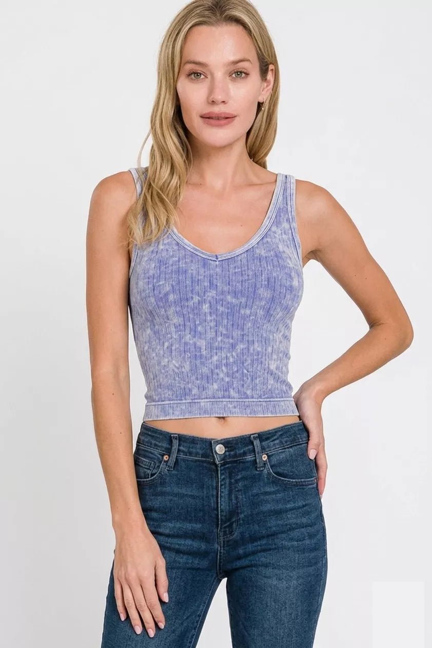 Zenana Washed Ribbed Seamless Cropped V - neck Tank Top - Bitsy Gypsy Boutique