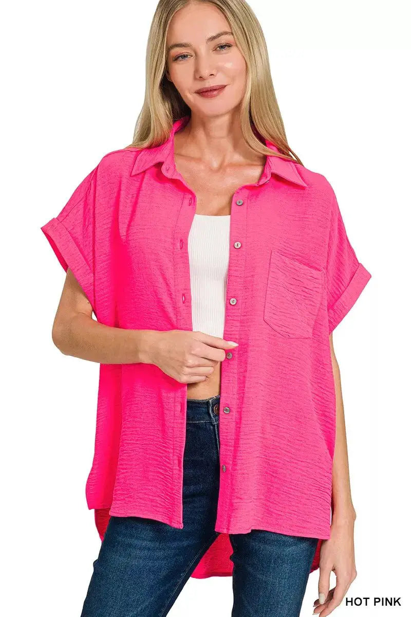 Zenana Woven Airflow Button Down Shirt by Trendsi