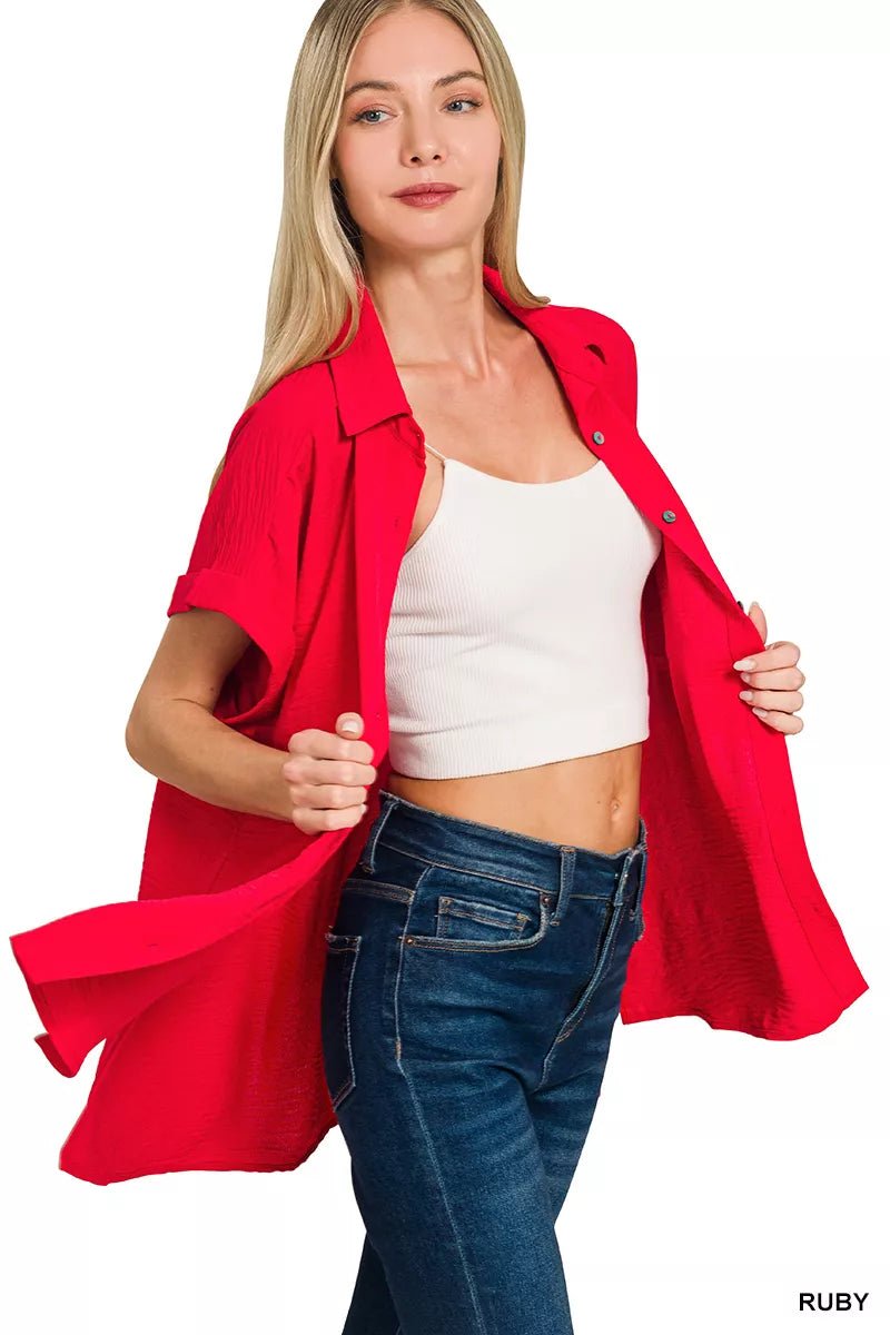 Zenana Woven Airflow Button Down Shirt - Bitsy Gypsy Boutique