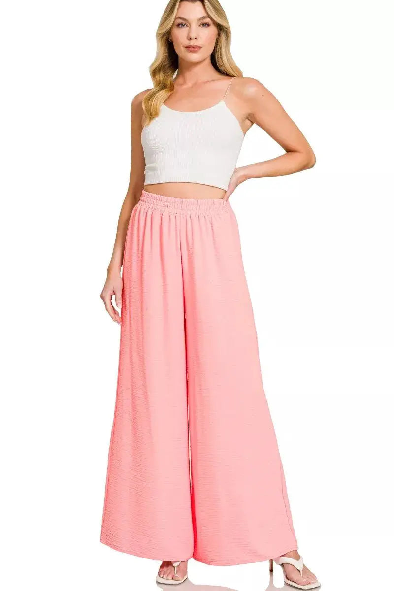 Zenana Woven Airflow Elastic Waistband Pants by Trendsi