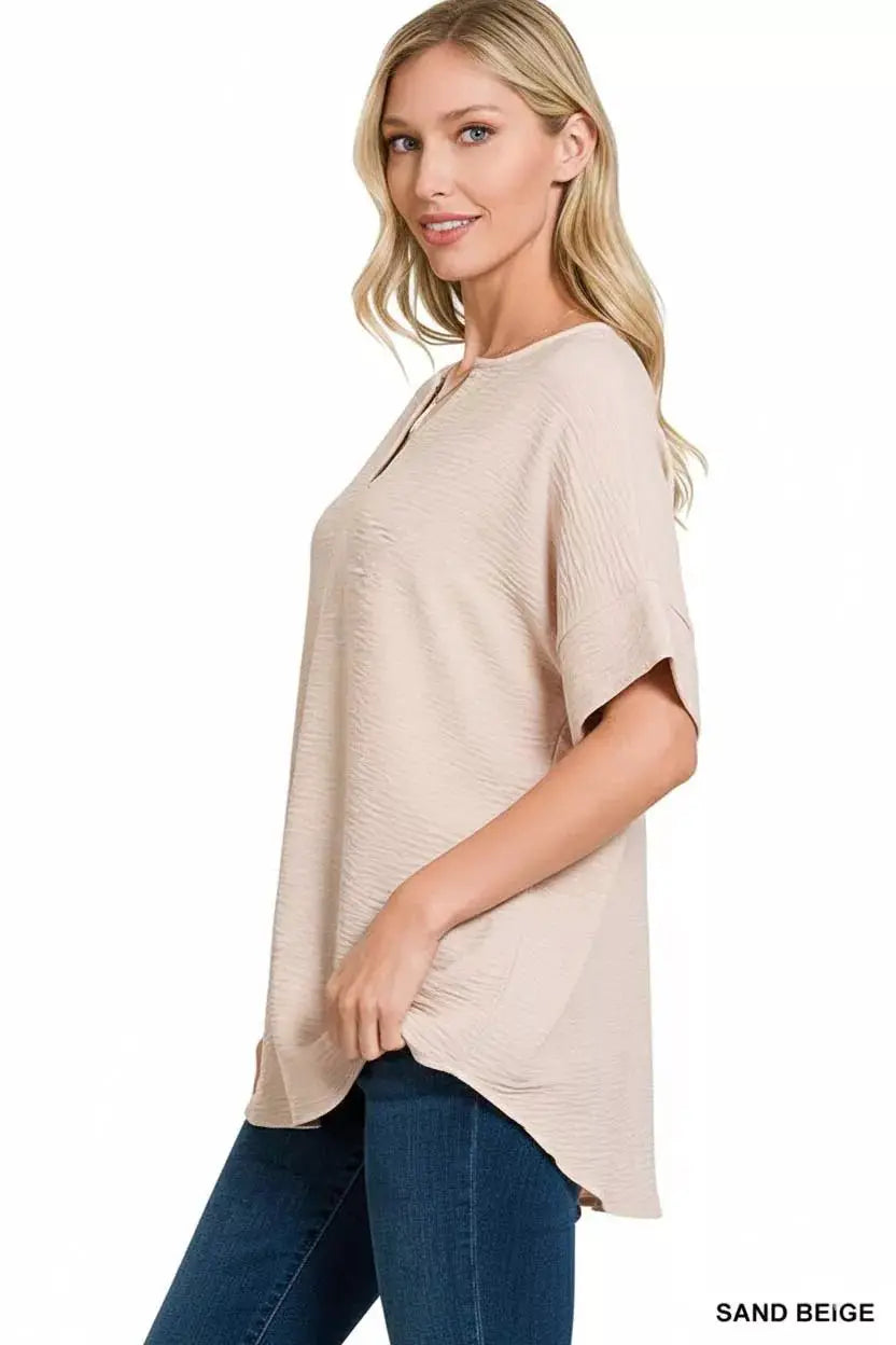 Zenana Woven Airflow Split Neck Short Sleeve Top by Trendsi