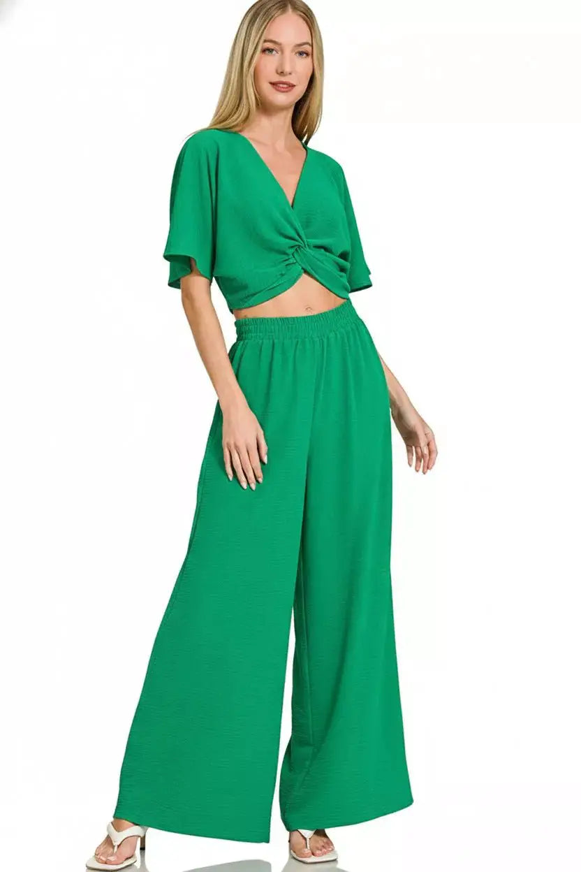 Zenana Woven Airflow Twisted Top & Wide Leg Pants Set by Trendsi