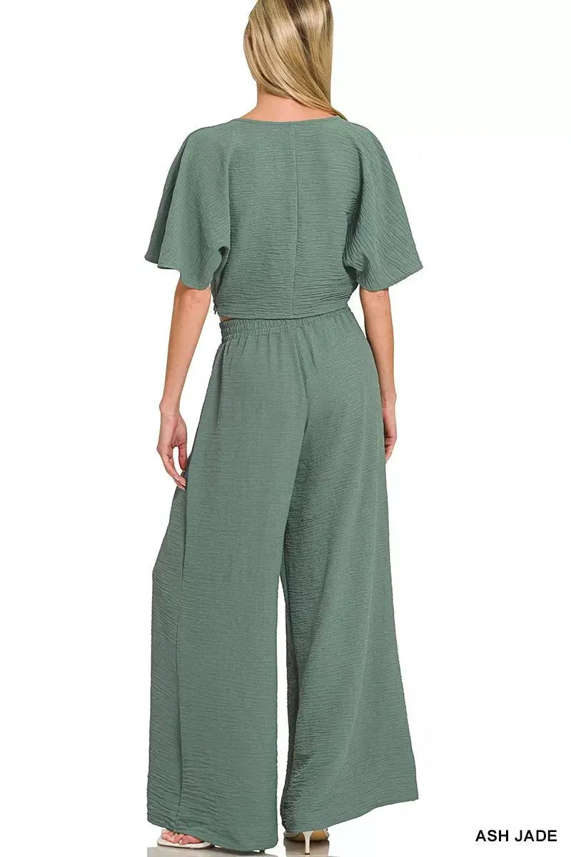 Zenana Woven Airflow Twisted Top & Wide Leg Pants Set by Trendsi
