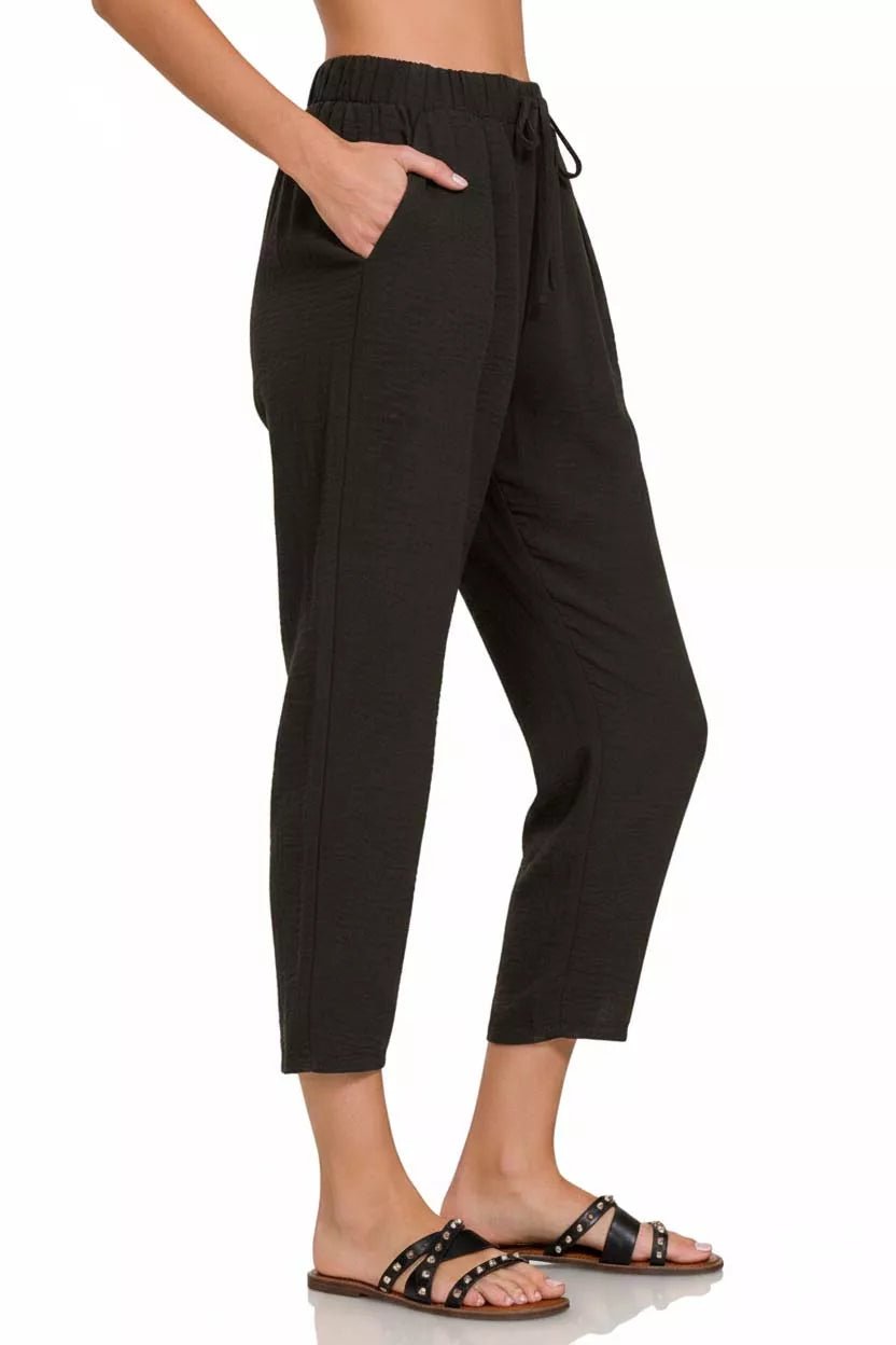 Zenana Woven Crepe Elastic Band Waist Pants - Bitsy Gypsy Boutique