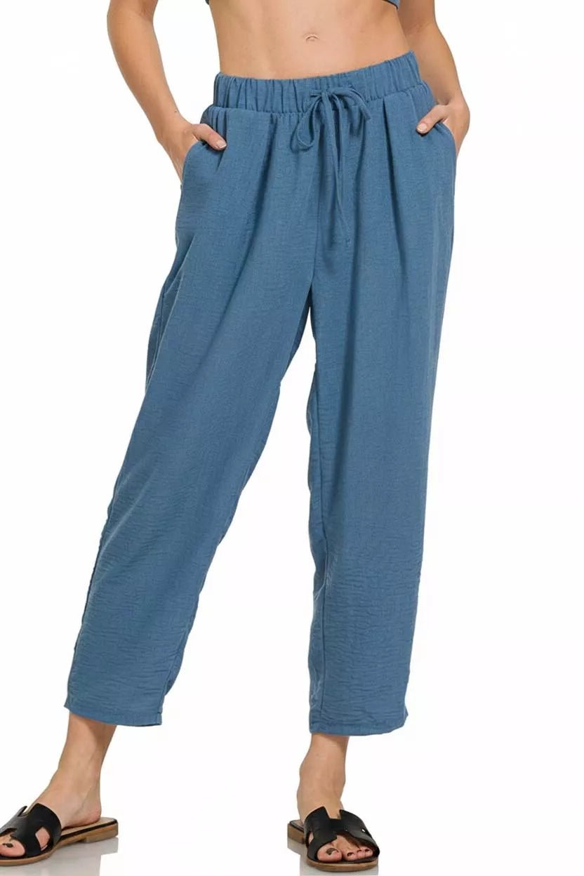 Zenana Woven Crepe Elastic Band Waist Pants - Bitsy Gypsy Boutique