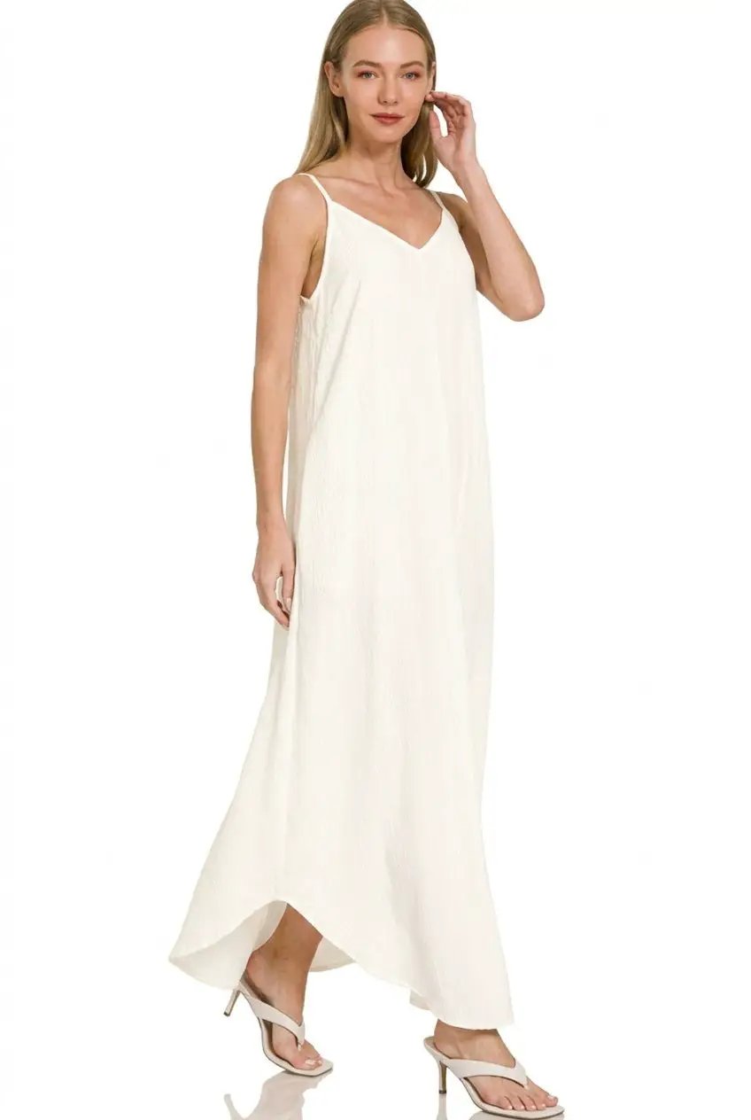 Zenana Woven Crinkle Cami Maxi Dress with Side Pockets by Trendsi