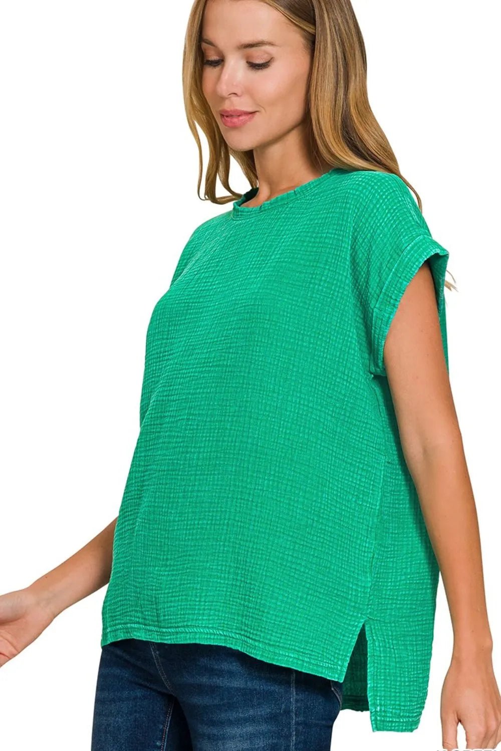 Zenana Woven Double Gauze Acid Washed Short Sleeve Top - Bitsy Gypsy Boutique