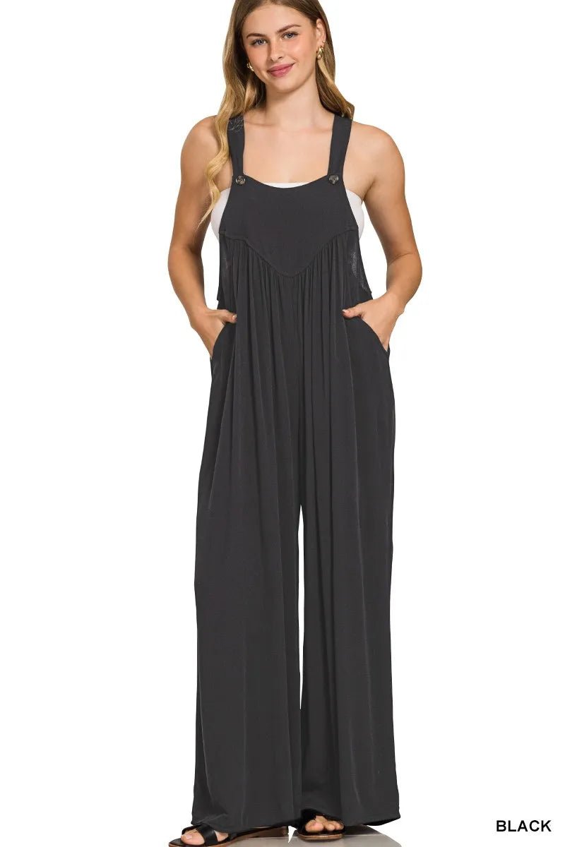 Zenana Woven Rayon Crepe Wide Leg Overalls - Bitsy Gypsy Boutique