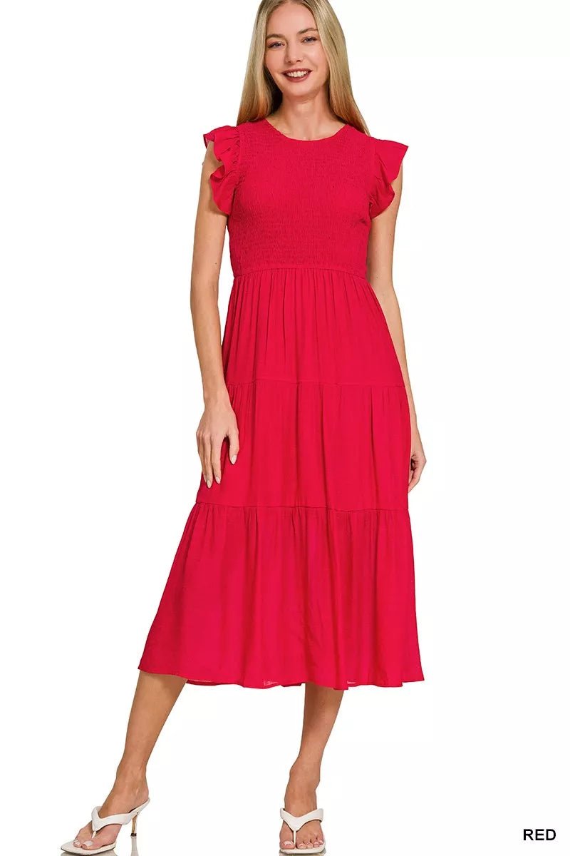 Zenana Woven Smocked Ruffle Sleeve Midi Dress - Bitsy Gypsy Boutique