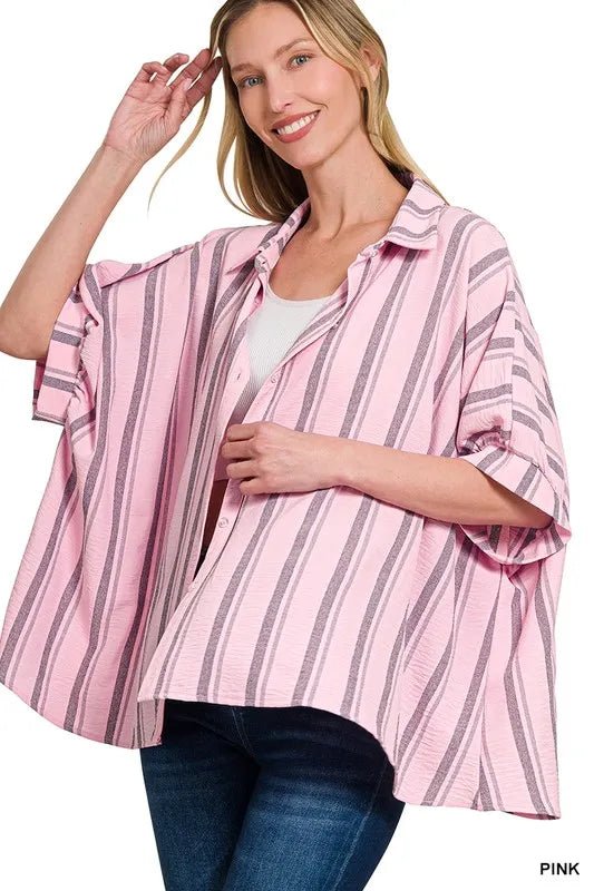 Zenana Woven Yarn - Dye Stripe Oversized Button Down Shirt - Bitsy Gypsy Boutique
