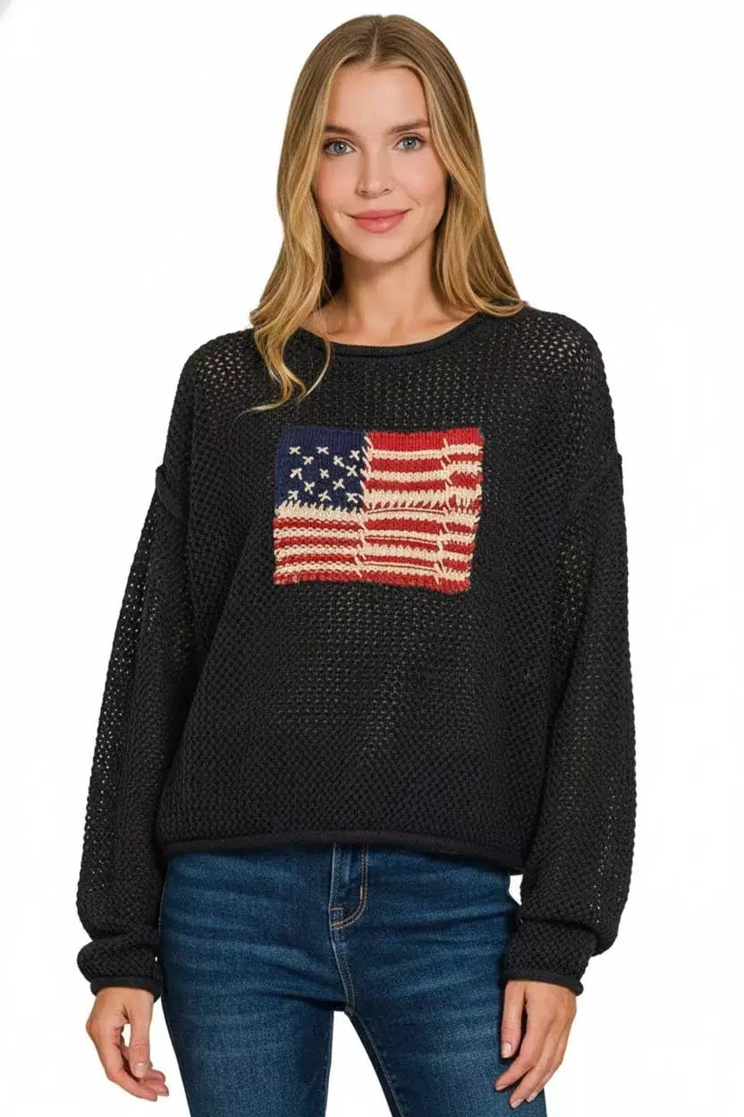 Zenana Zenana American Flag Crew Neck Sweater by Trendsi
