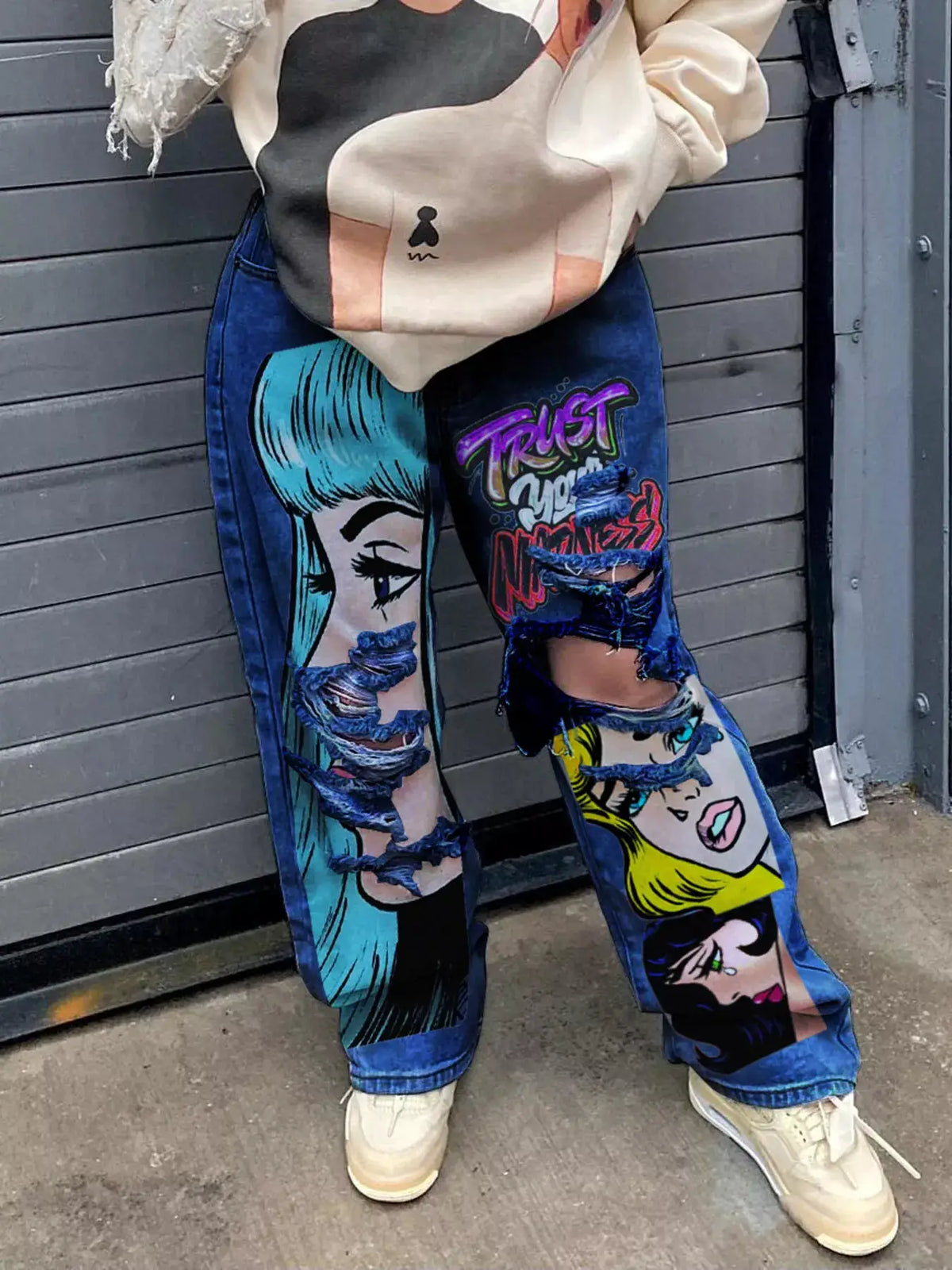 Full Size Pop Art Graphic Distressed Wide-Leg Jeans Plus Size by Trendsi