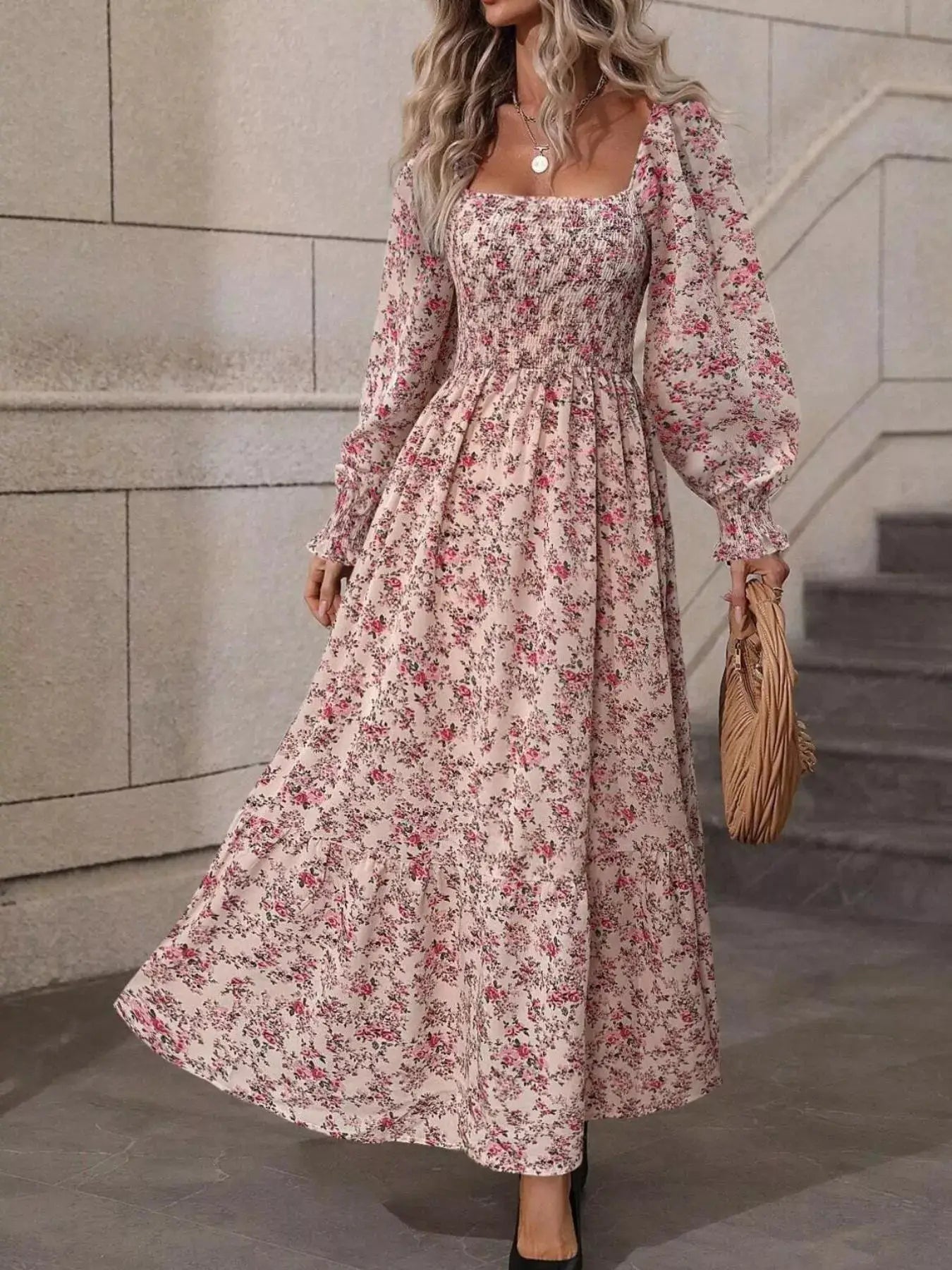 Floral Print Square Neck Smocked Midi Dress by Trendsi