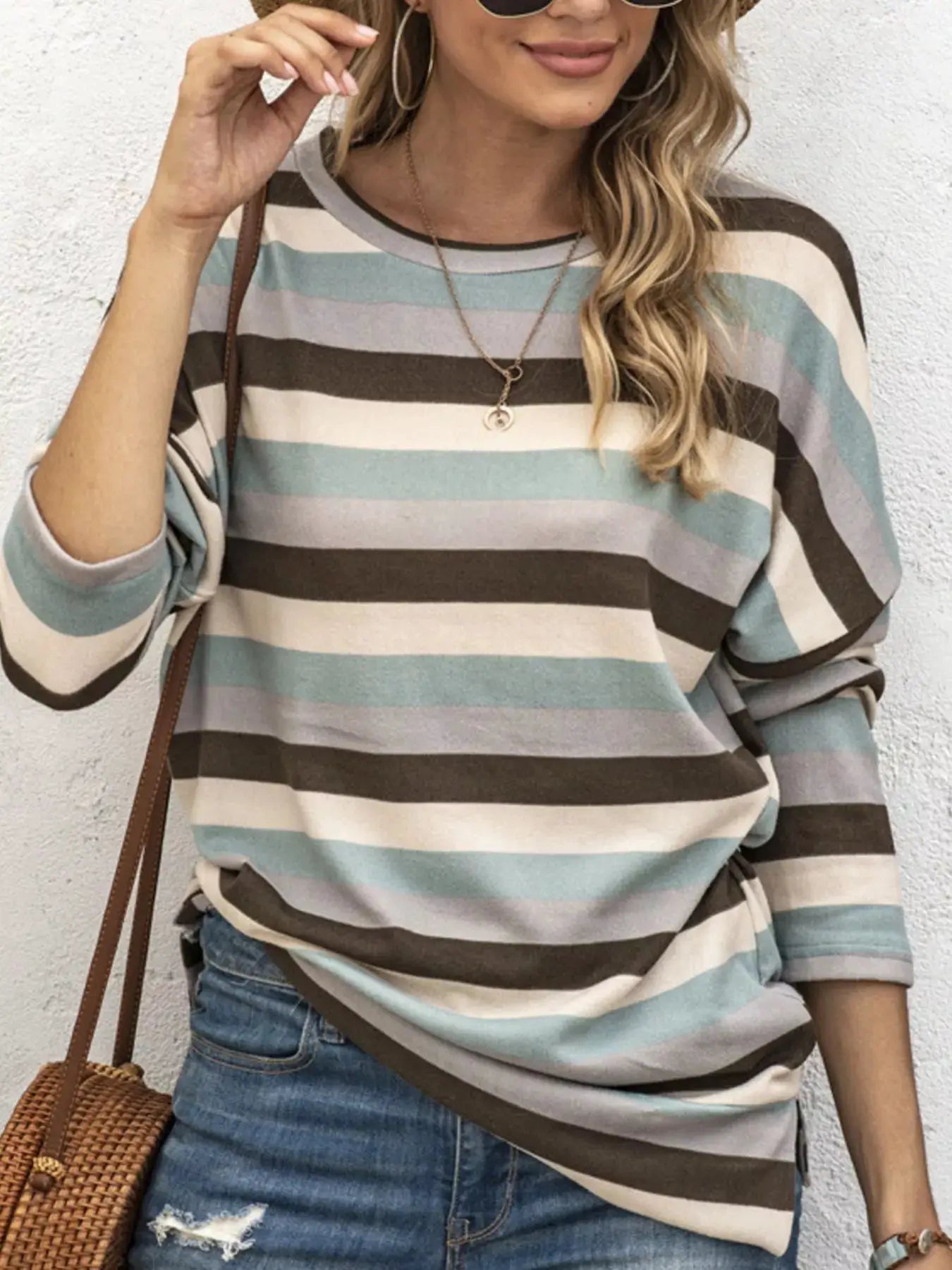 Full Size Casual Striped Long Sleeve Crew Neck Top Plus Size by Trendsi