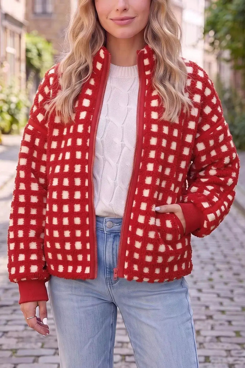 Plaid Zip-Up Long Sleeve Outerwear by Trendsi