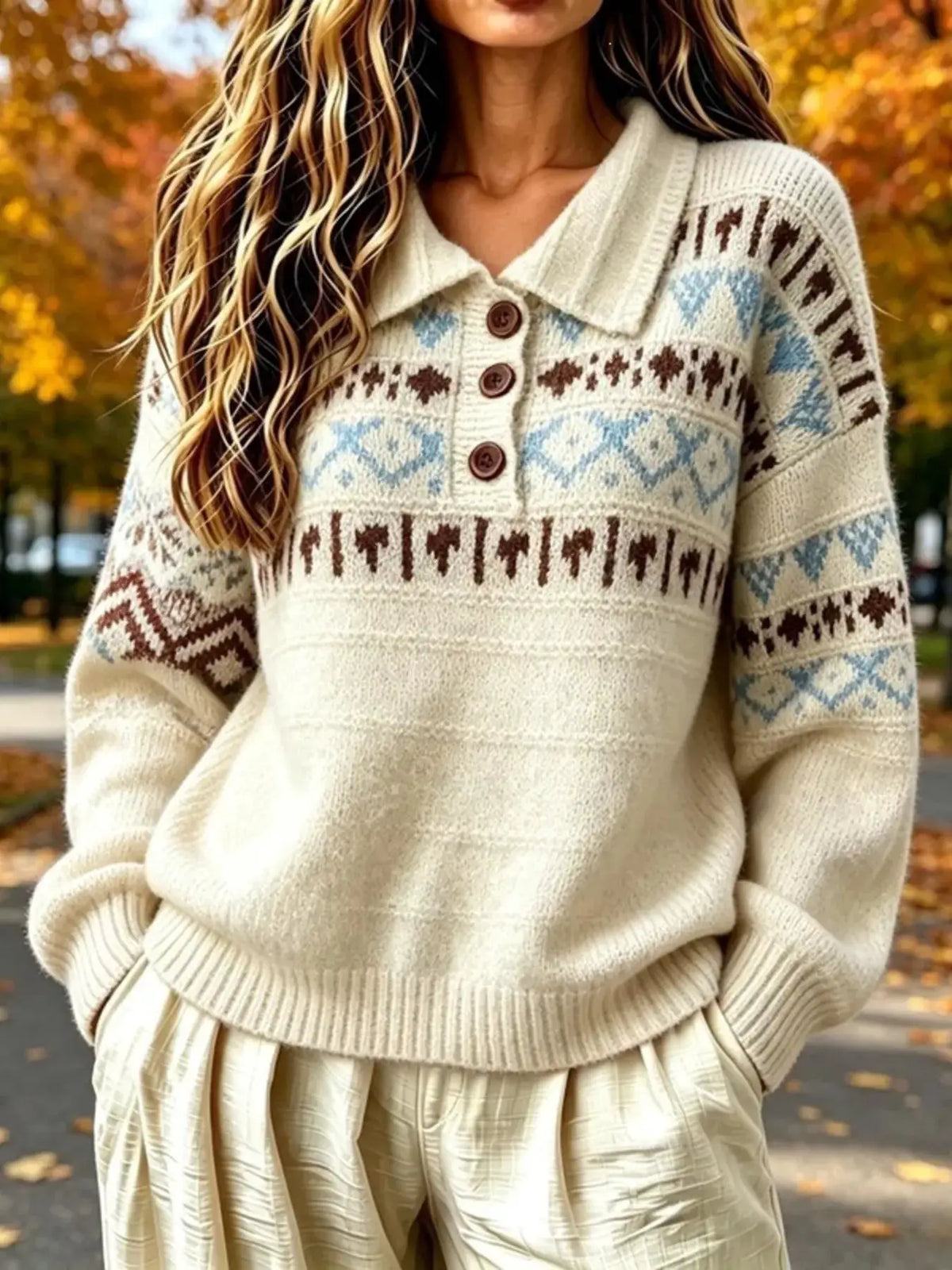 Full Size Vintage Fair Isle Pattern Polo Collar Sweater Plus Size by Trendsi