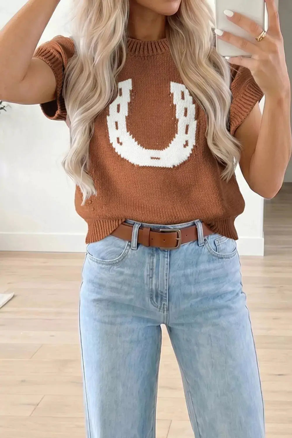 Western Horseshoe Pattern Short Sleeve Knit Sweater by Trendsi