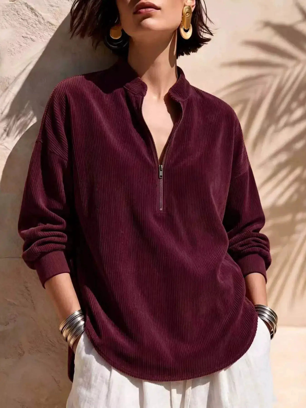 Full Size Half Zip Dropped Shoulder Corduroy Top Plus Size by Trendsi