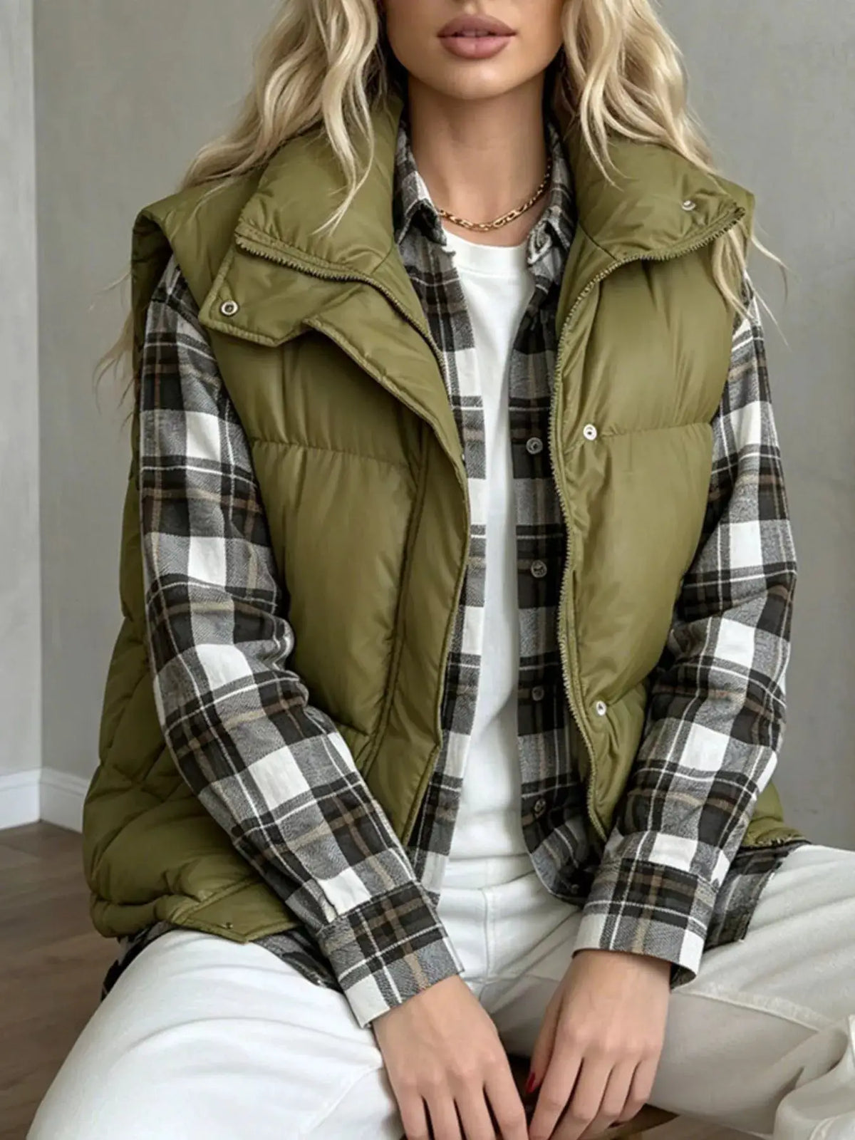 Snap-Button Placket Quilted Puffer Vest Coat by Trendsi