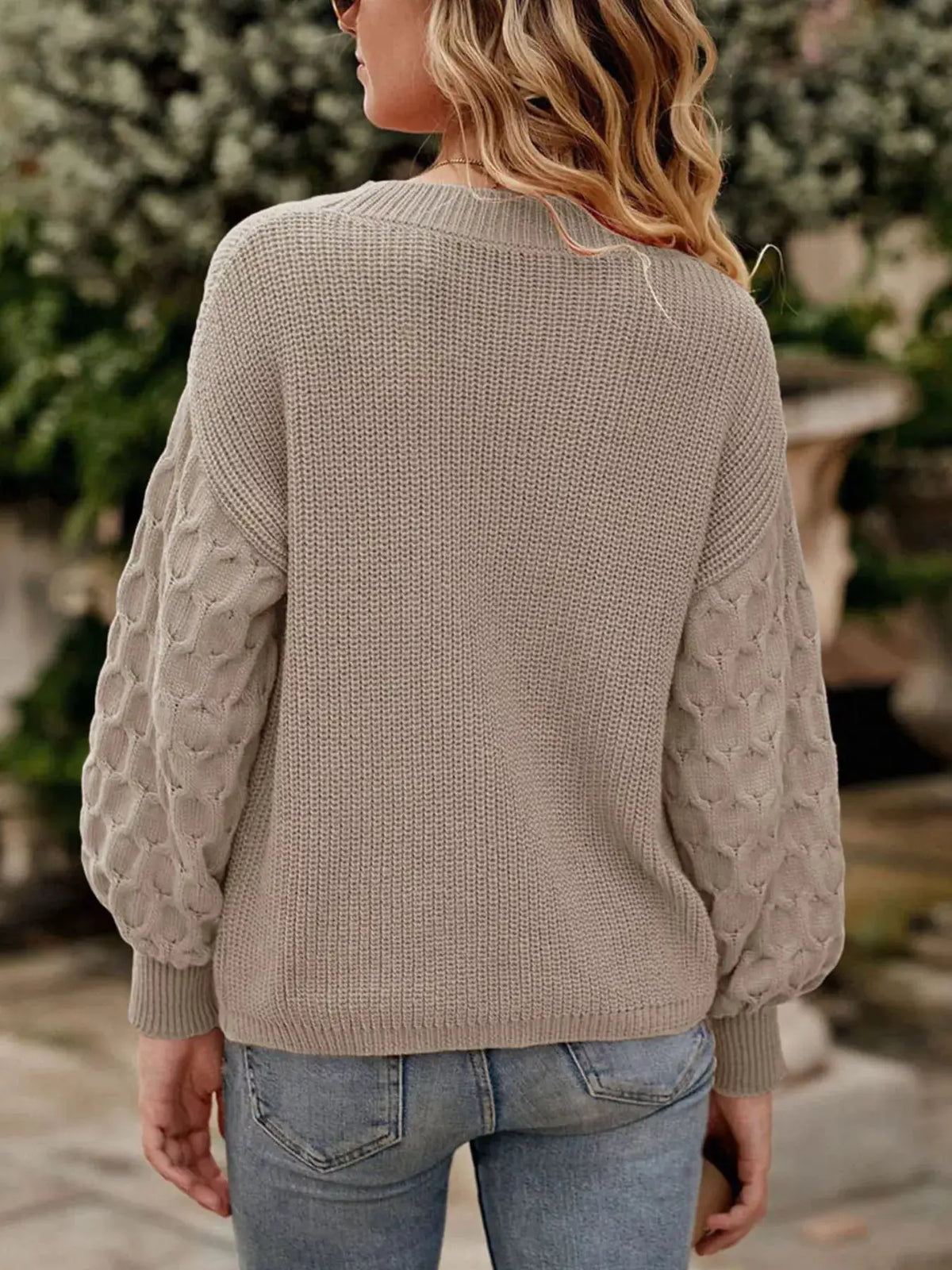 Textured Sleeve Round Neck Sweater by Trendsi