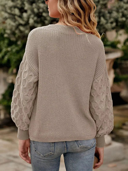 Textured Sleeve Round Neck Sweater by Trendsi