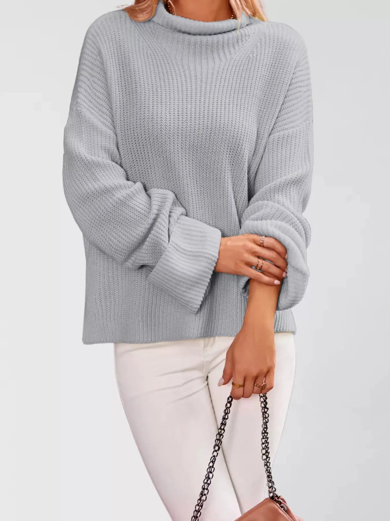 Mock Neck Dropped Shoulder Sweater by Trendsi