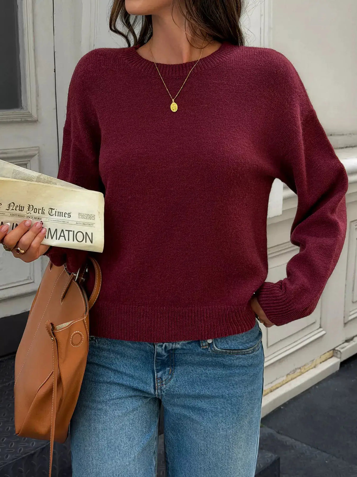 Crew Neck Dropped Shoulder Sweater by Trendsi