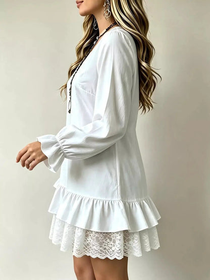 V-Neck Long Sleeve Ruffle Hem Lace Trim Mini Dress by Trendsi
