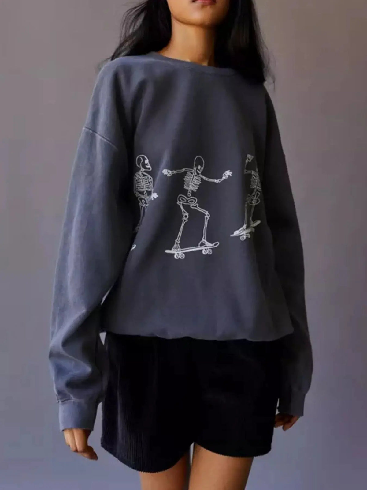 Skeleton Graphic Round Neck Sweatshirt by Trendsi