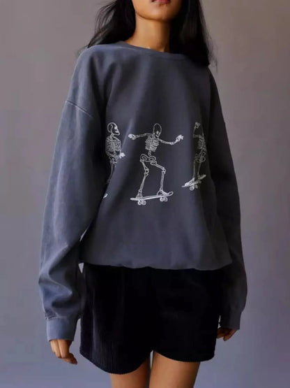 Skeleton Graphic Round Neck Sweatshirt by Trendsi