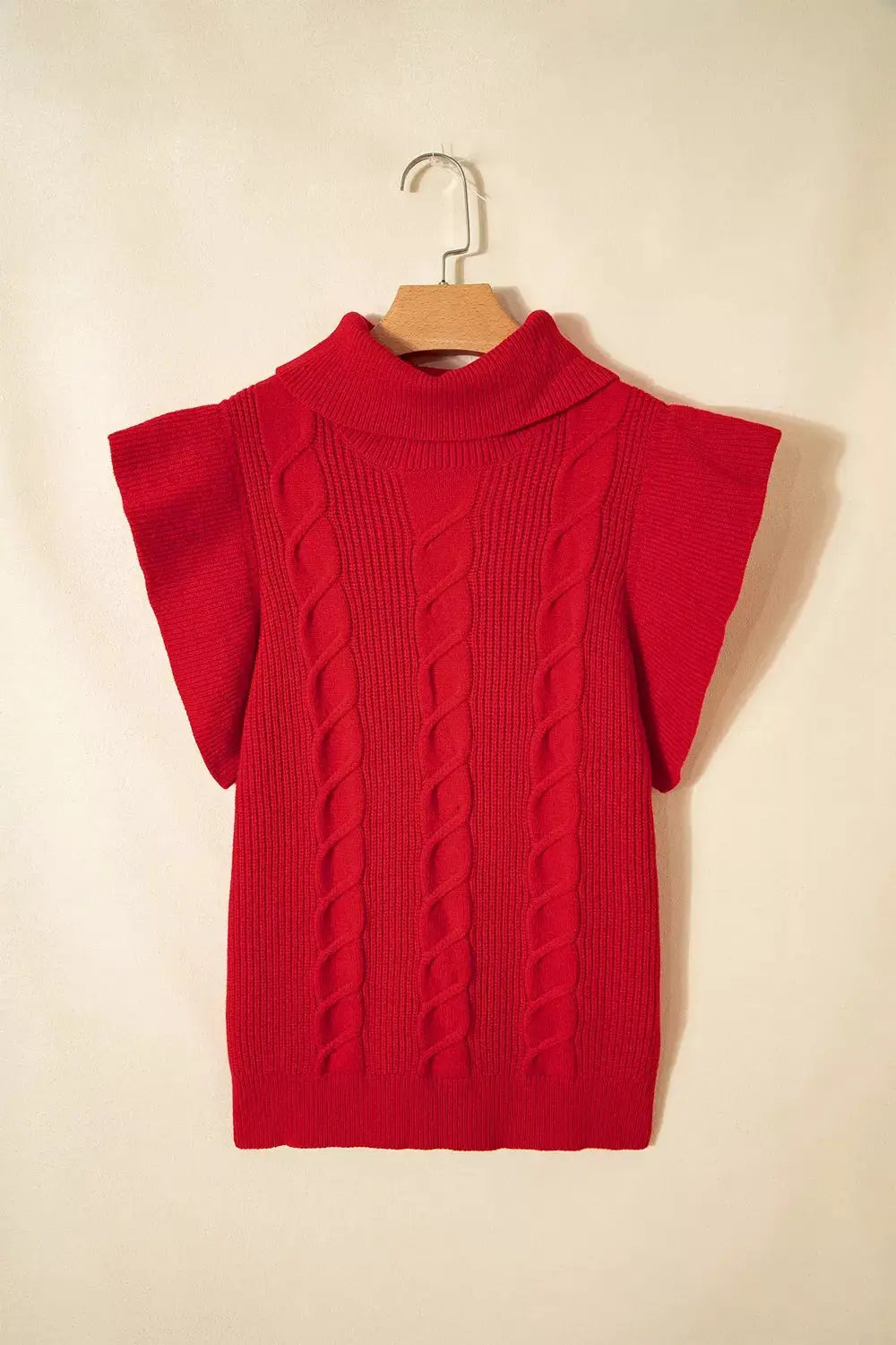 Cable Knit Turtleneck Ruffled Short Sleeve Sweater by Trendsi