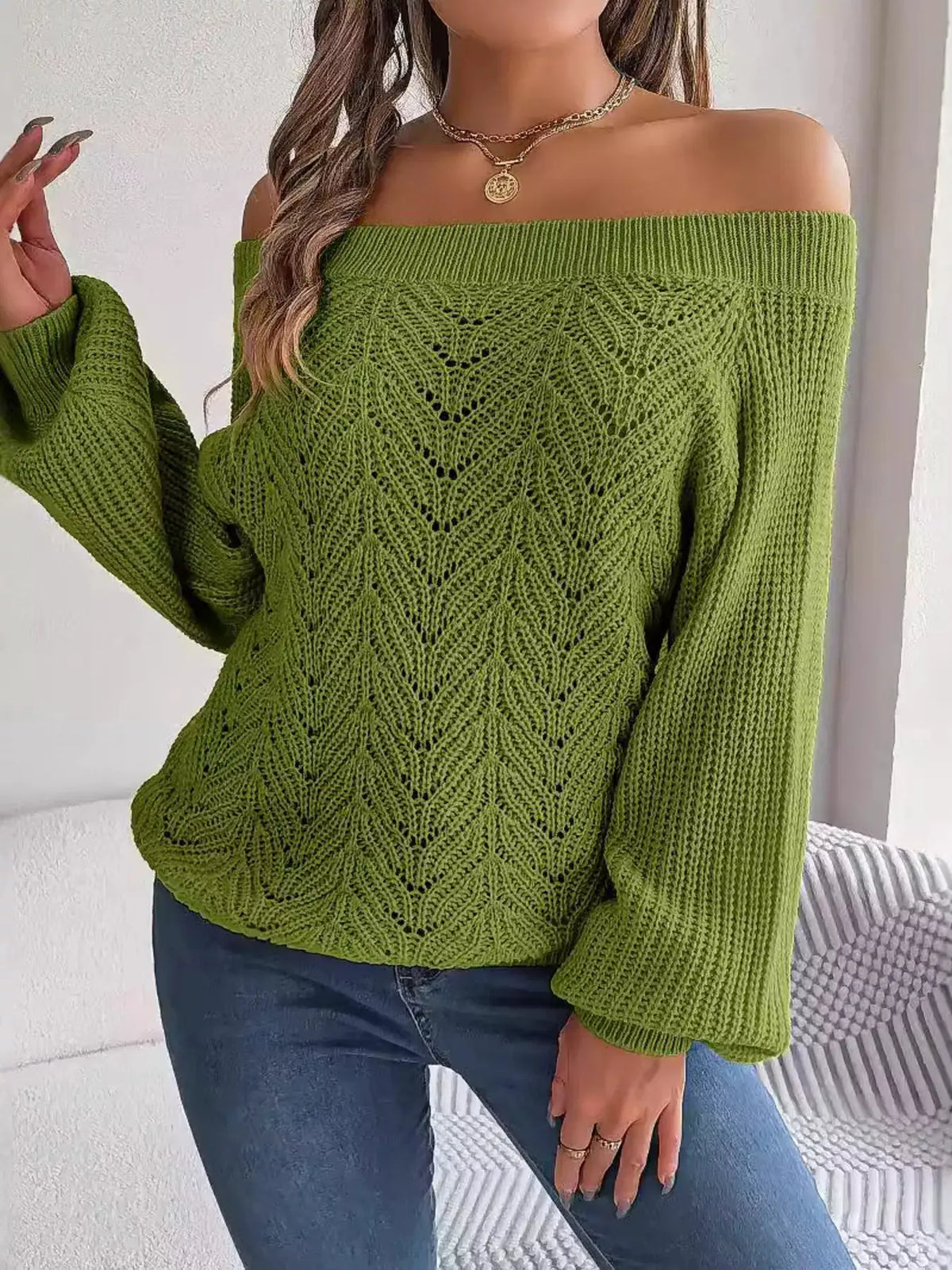 Openwork Off-Shoulder Sweater by Trendsi