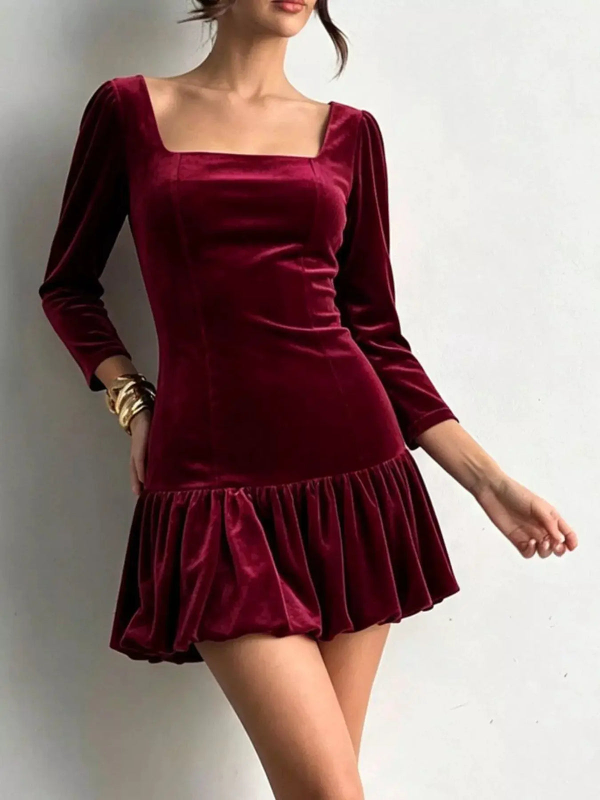 Christmas Velvet Square Neck Mini Dress with Ruffled Hem by Trendsi