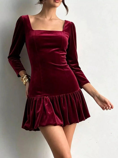 Christmas Velvet Square Neck Mini Dress with Ruffled Hem by Trendsi