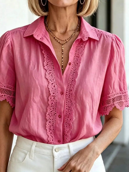 Lace-Trimmed Short Sleeve Button-Down Shirt by Trendsi