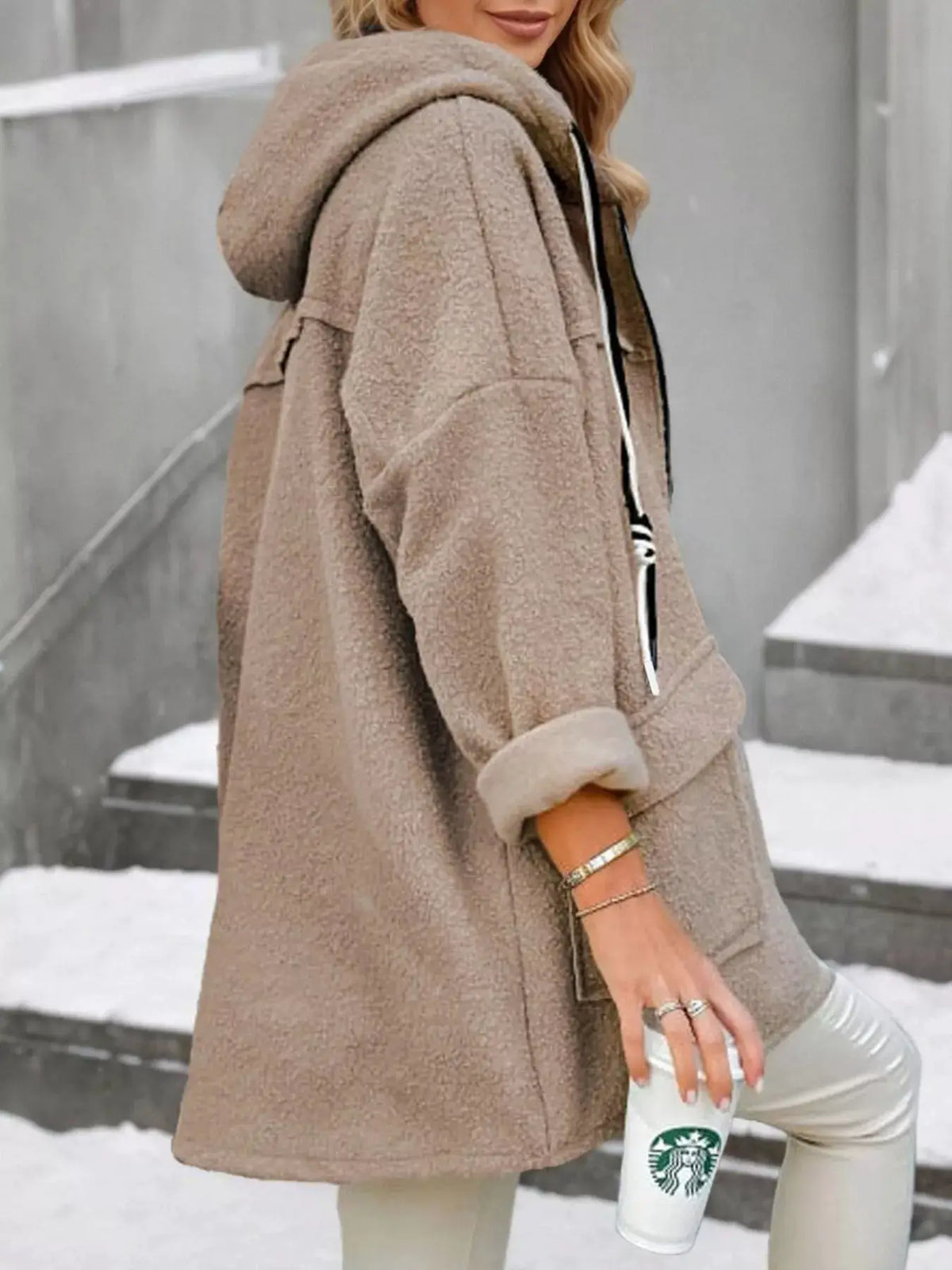 Fleece Zip Up Hooded Outerwear by Trendsi