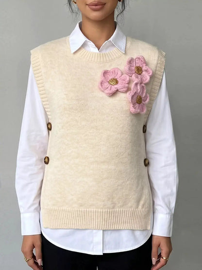 Side Button Sweater Vest with 3D Floral Appliques by Trendsi