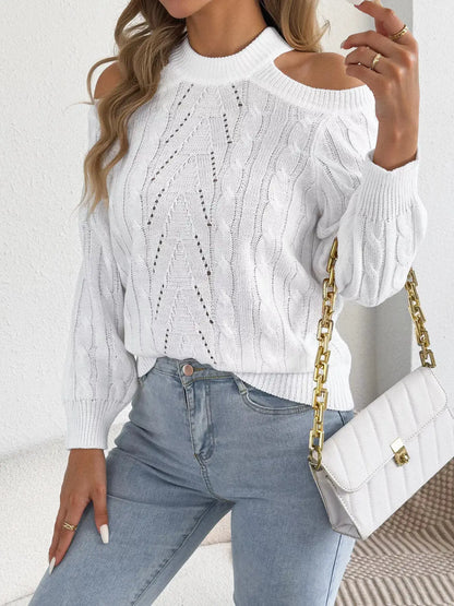Cold Shoulder Cable Knit Sweater by Trendsi