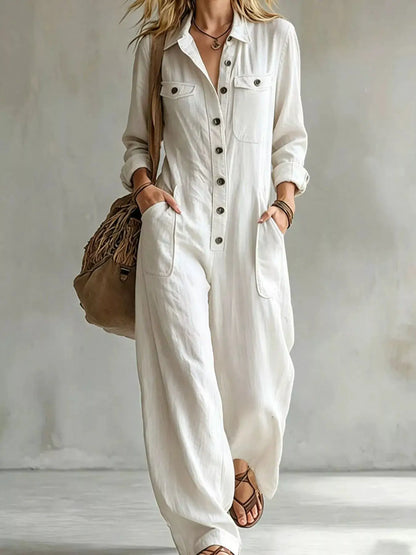 Full Size Long Sleeve Button Front Jumpsuit Plus Size by Trendsi